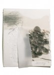 Pond: c, 1990, Chinese ink, rice paper, drafting film, graphite, pebbles on watercolor paper, 60 cm x 43 cm x 2 cm, 23.75” x 17” x .75”